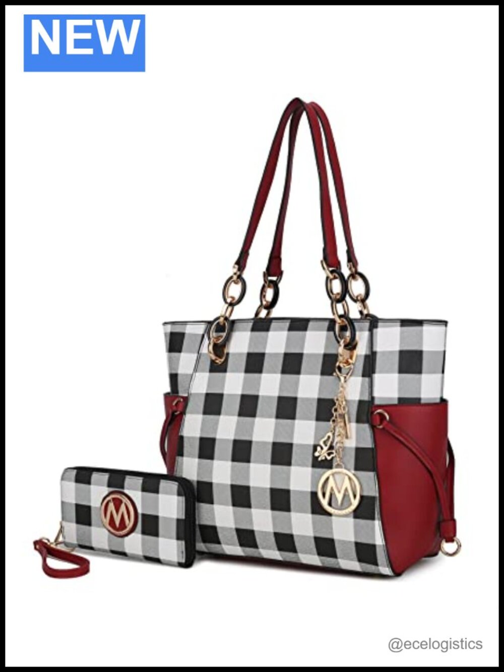Vegan Leather Tote Bag with Wristlet Wallet Set, Gold-Tone Hardware, Zipper